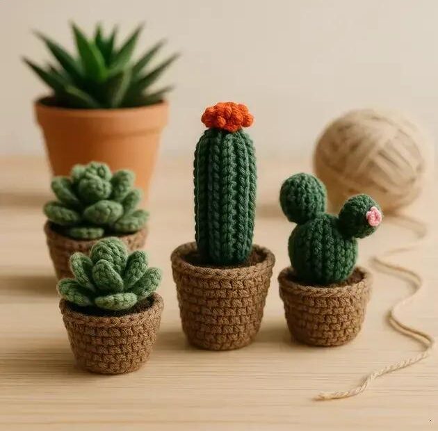 Jardim Sustentável de Crochê: Mini Cactos e Suculentas com Fios Reciclados