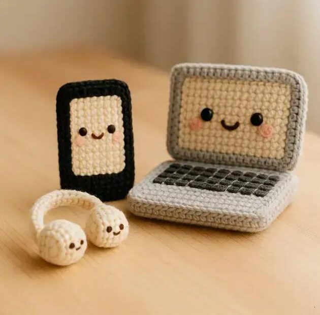 Objetos Cotidianos Fofos: Celular, Fone e Laptop em Miniatura Kawaii