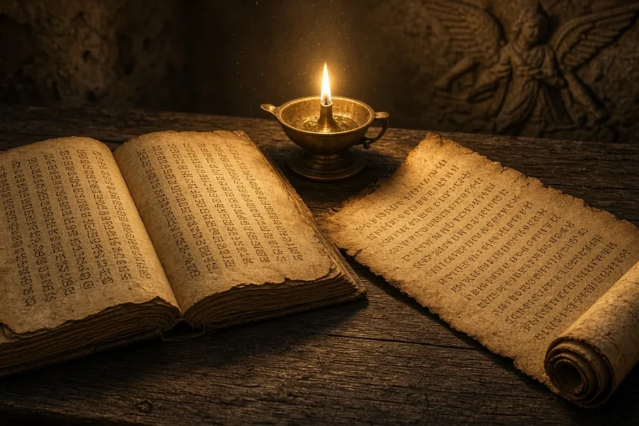 Manuscrito antigo aberto e pergaminho com escrita etíope à luz de lamparina, ilustrando o Livro de Enoque